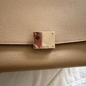 Celine Beige/Tan Pebbled Leather Shoulder Bag with Gold Plaque